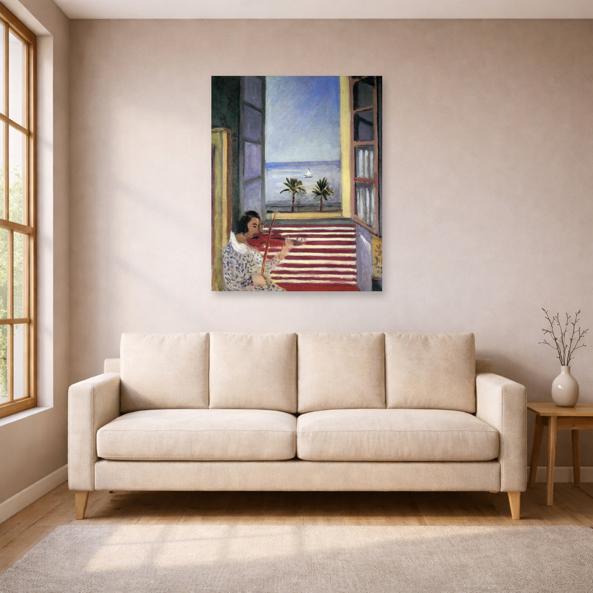 Unframed poster print of Henri Matisse's Young Woman Playing Violin displayed in a living room, view 1