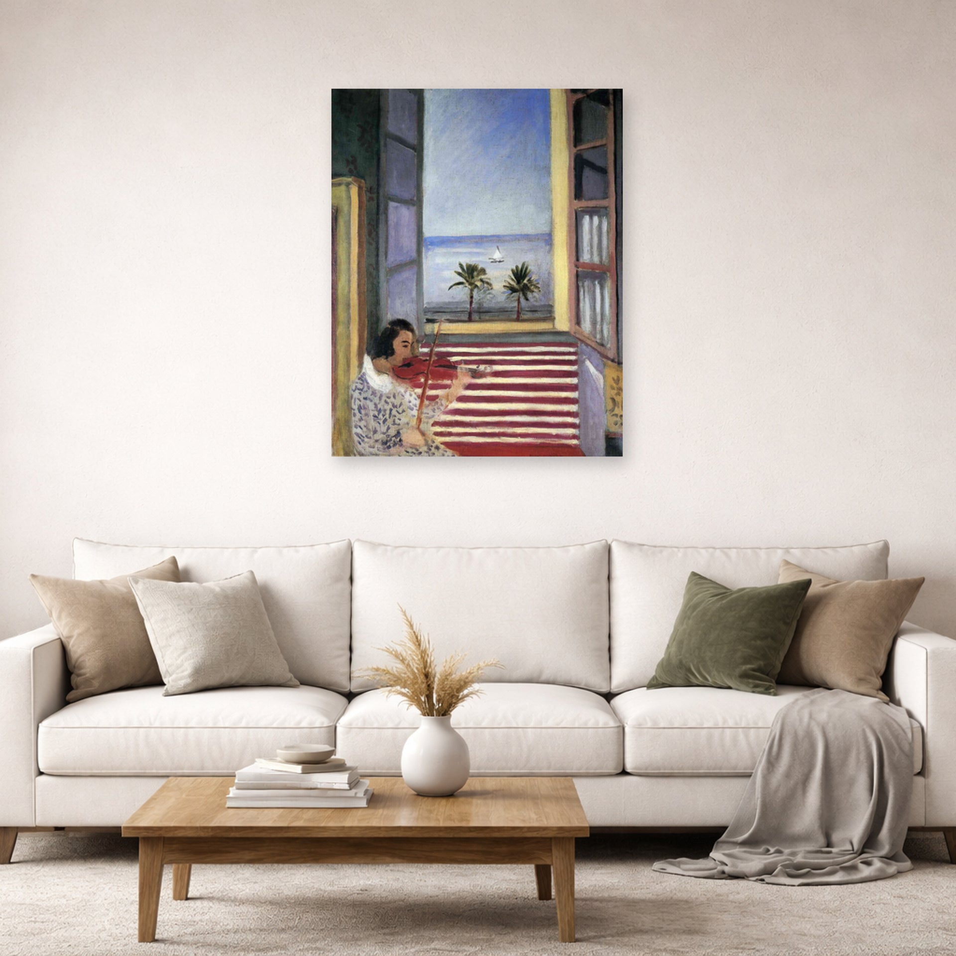 Unframed poster print of Henri Matisse's Young Woman Playing Violin displayed in a living room, view 2