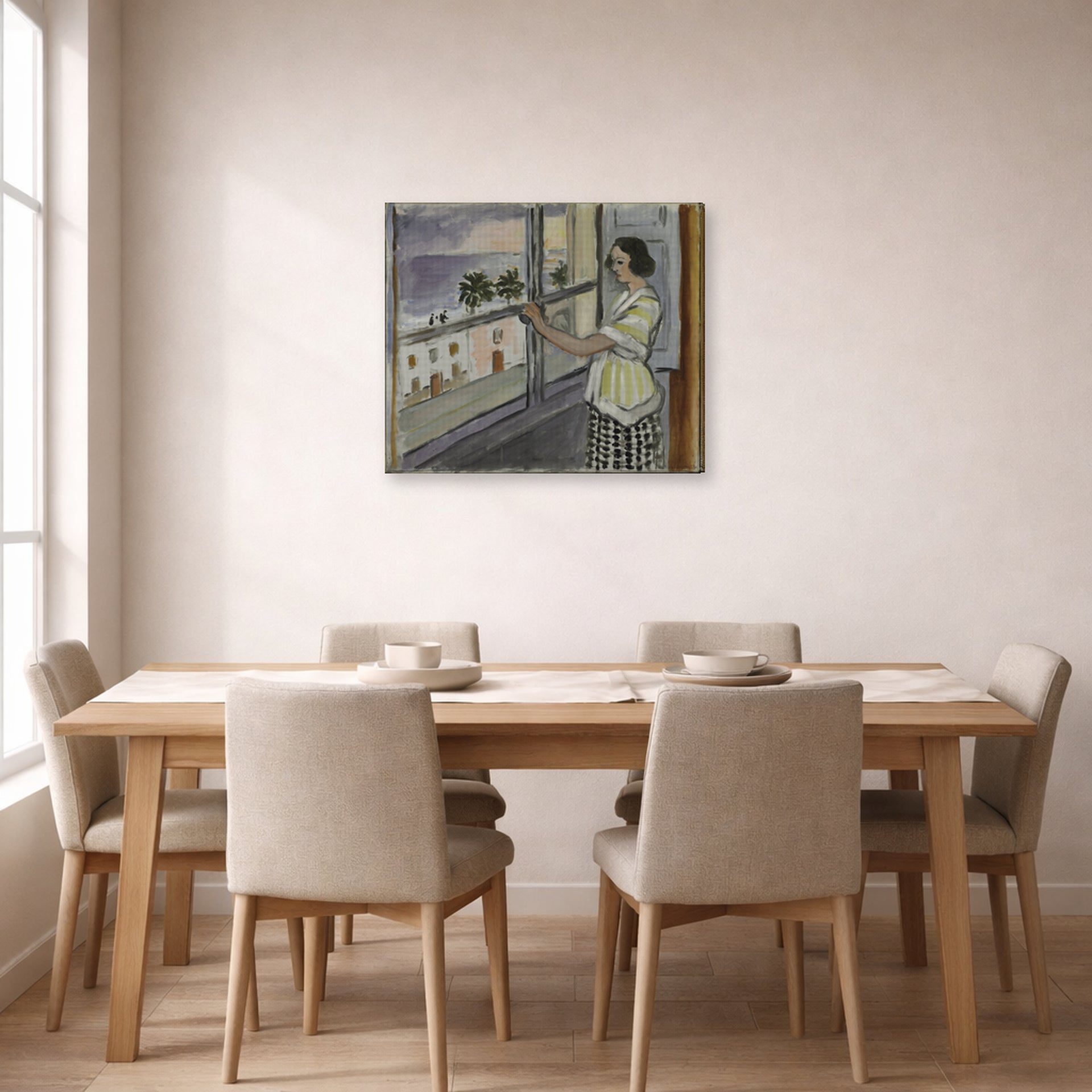 Gallery-wrapped canvas print of Henri Matisse's Young Woman at the Window, Sunset hanging on a dining room wall