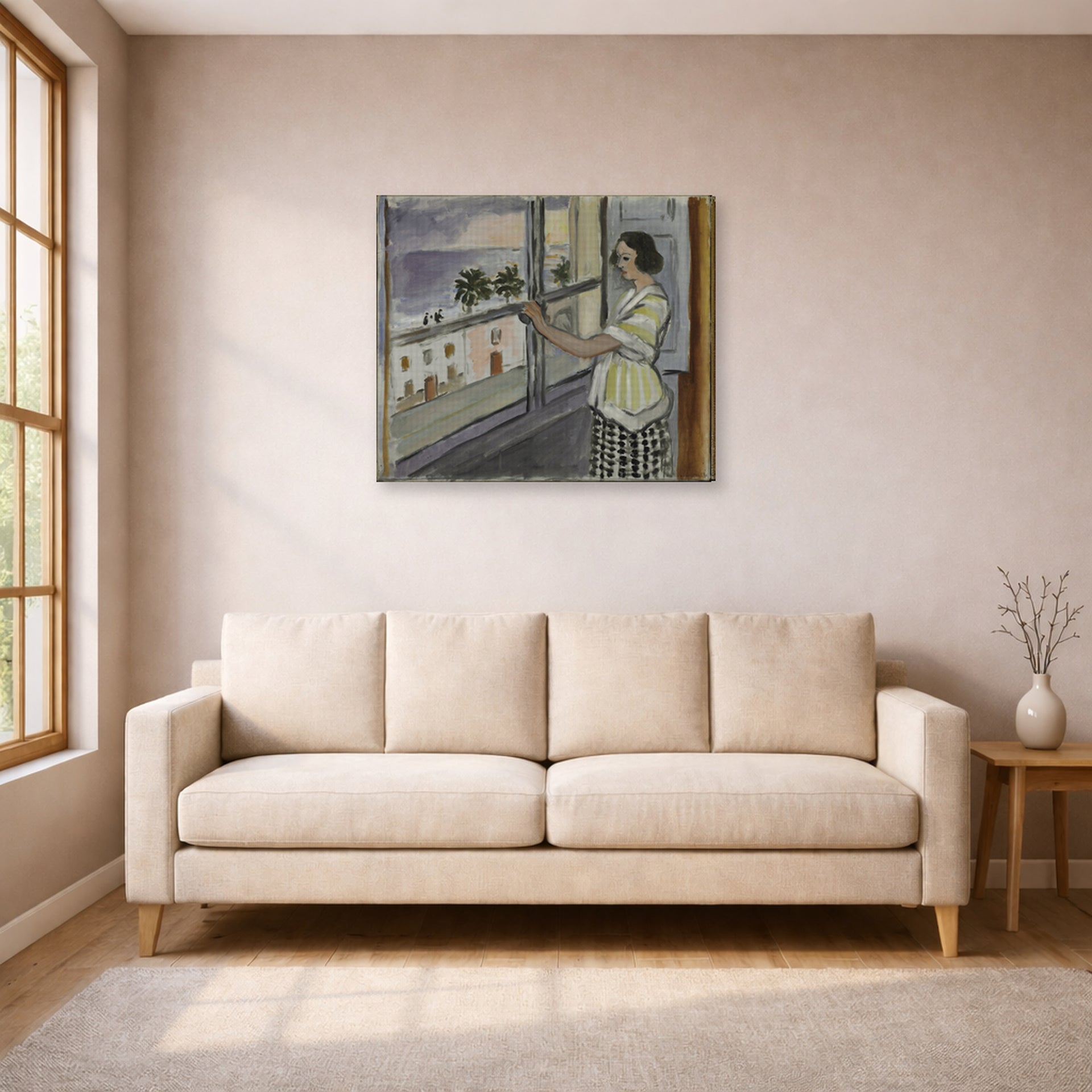 Gallery-wrapped canvas print of Henri Matisse's Young Woman at the Window, Sunset hanging in a living room, view 1