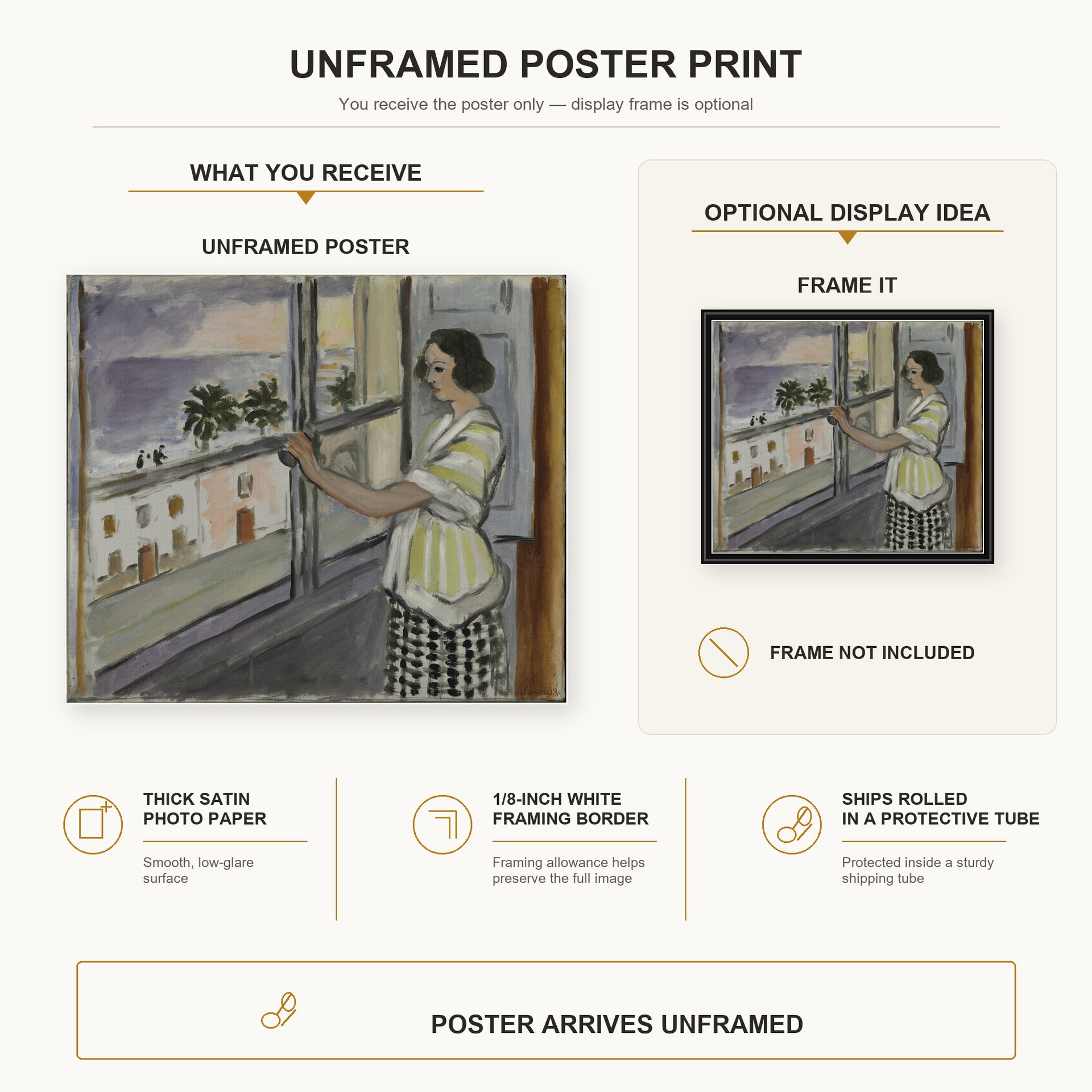 Henri Matisse - Young Woman at the Window, Sunset poster print size comparison display infographic