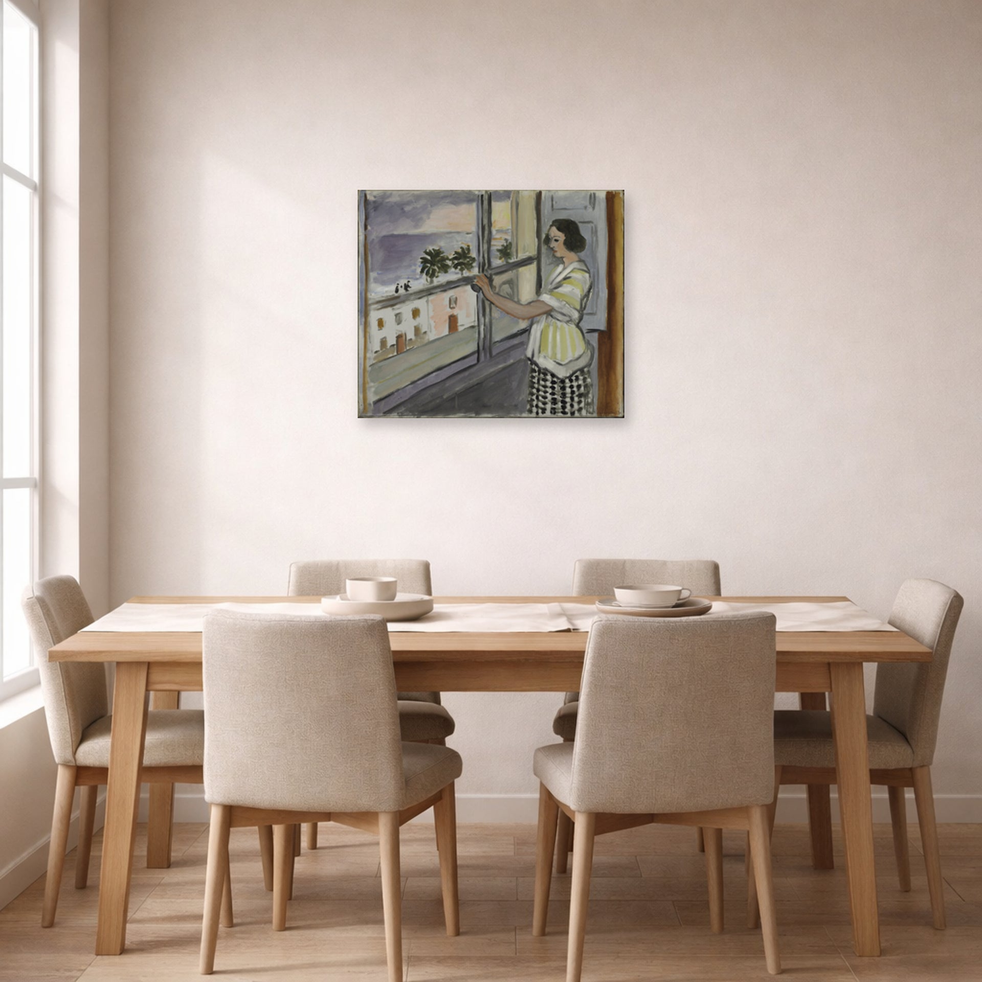 Unframed poster print of Henri Matisse's Young Woman at the Window, Sunset displayed on a dining room wall