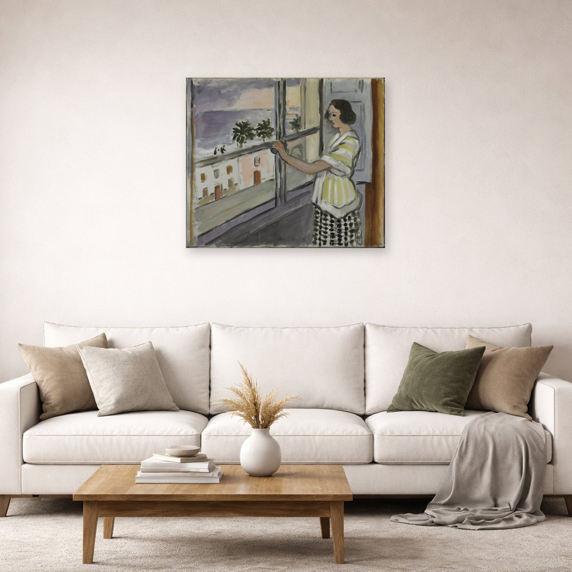 Unframed poster print of Henri Matisse's Young Woman at the Window, Sunset displayed in a living room, view 2