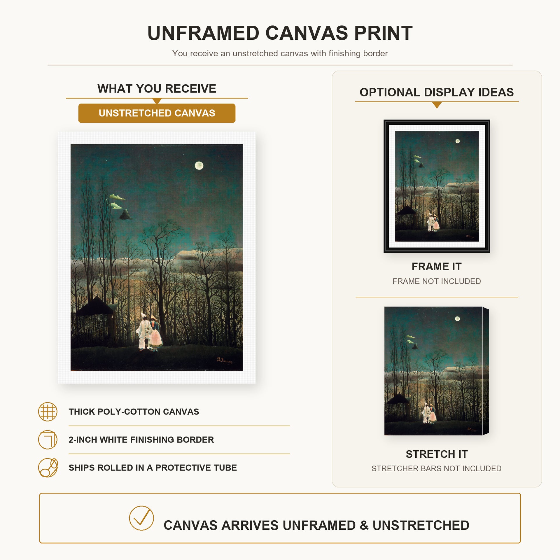 Henri Rousseau - French Carnival Evening canvas print size comparison and framing display infographic