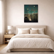 Gallery-wrapped canvas print of Henri Rousseau's French Carnival Evening displayed on a wall in a bedroom