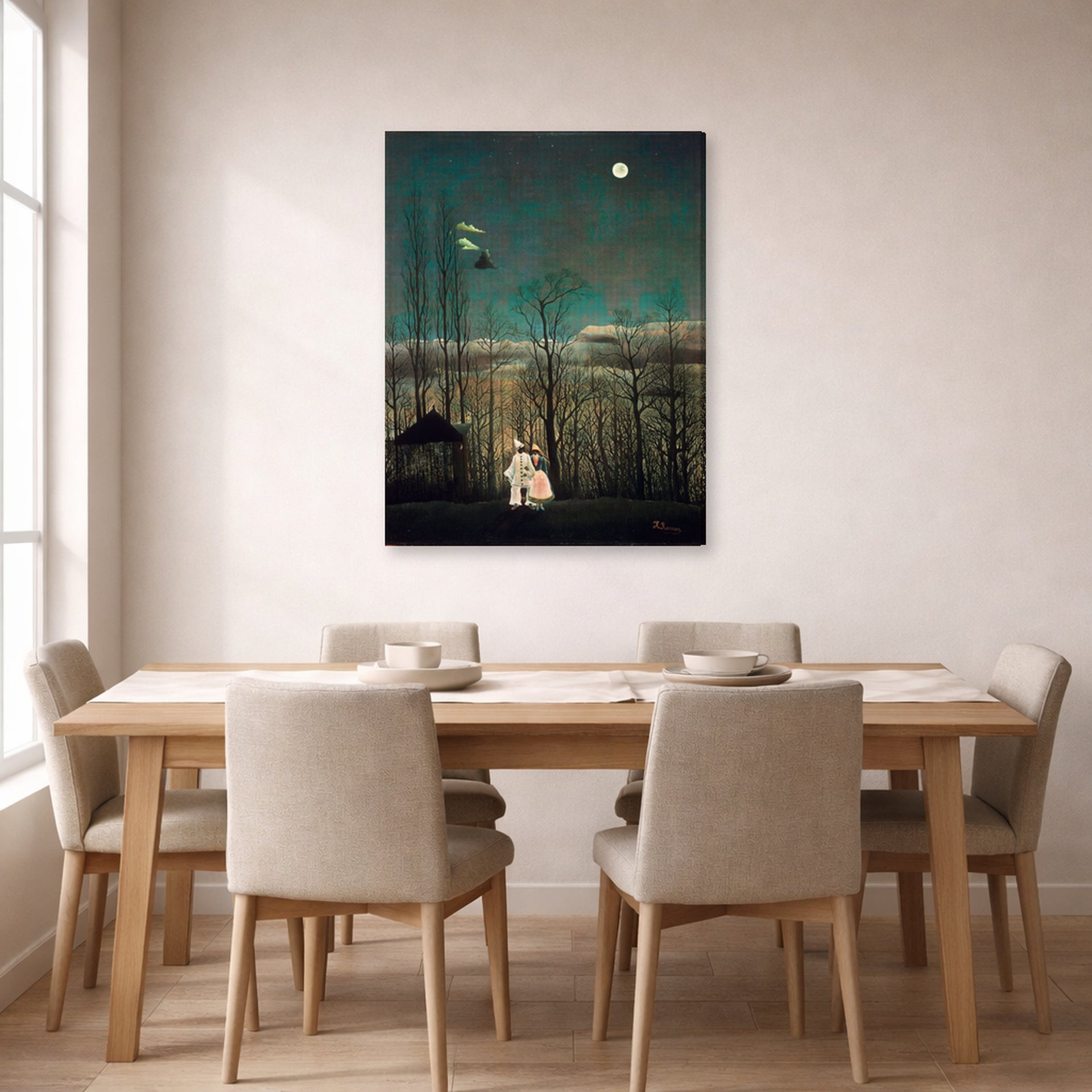 Gallery-wrapped canvas print of Henri Rousseau's French Carnival Evening displayed on a wall in a dining room