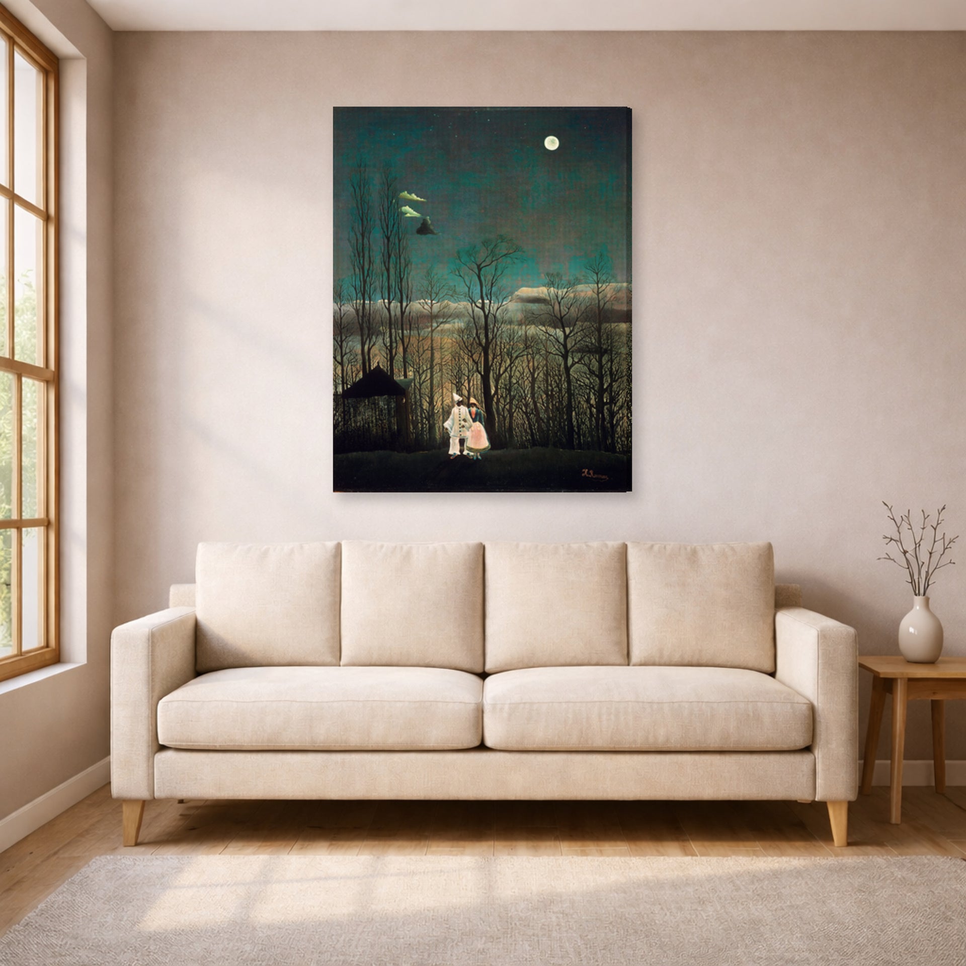 Gallery-wrapped canvas print of Henri Rousseau's French Carnival Evening displayed on a wall in a living room