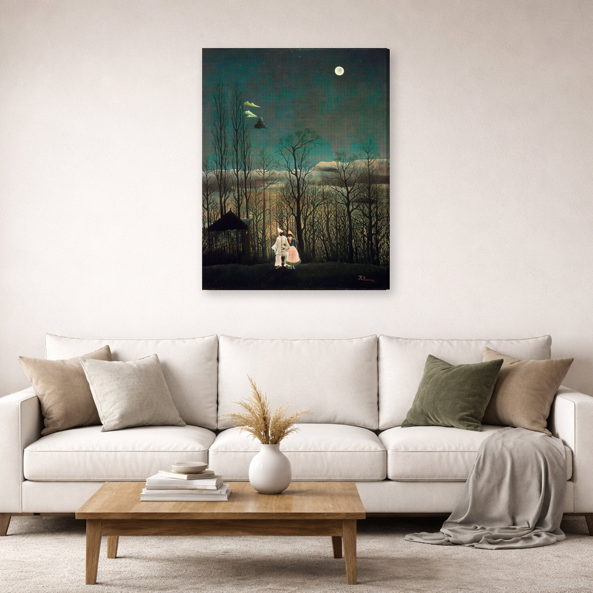 Gallery-wrapped canvas print of Henri Rousseau's French Carnival Evening displayed on a wall in a living room