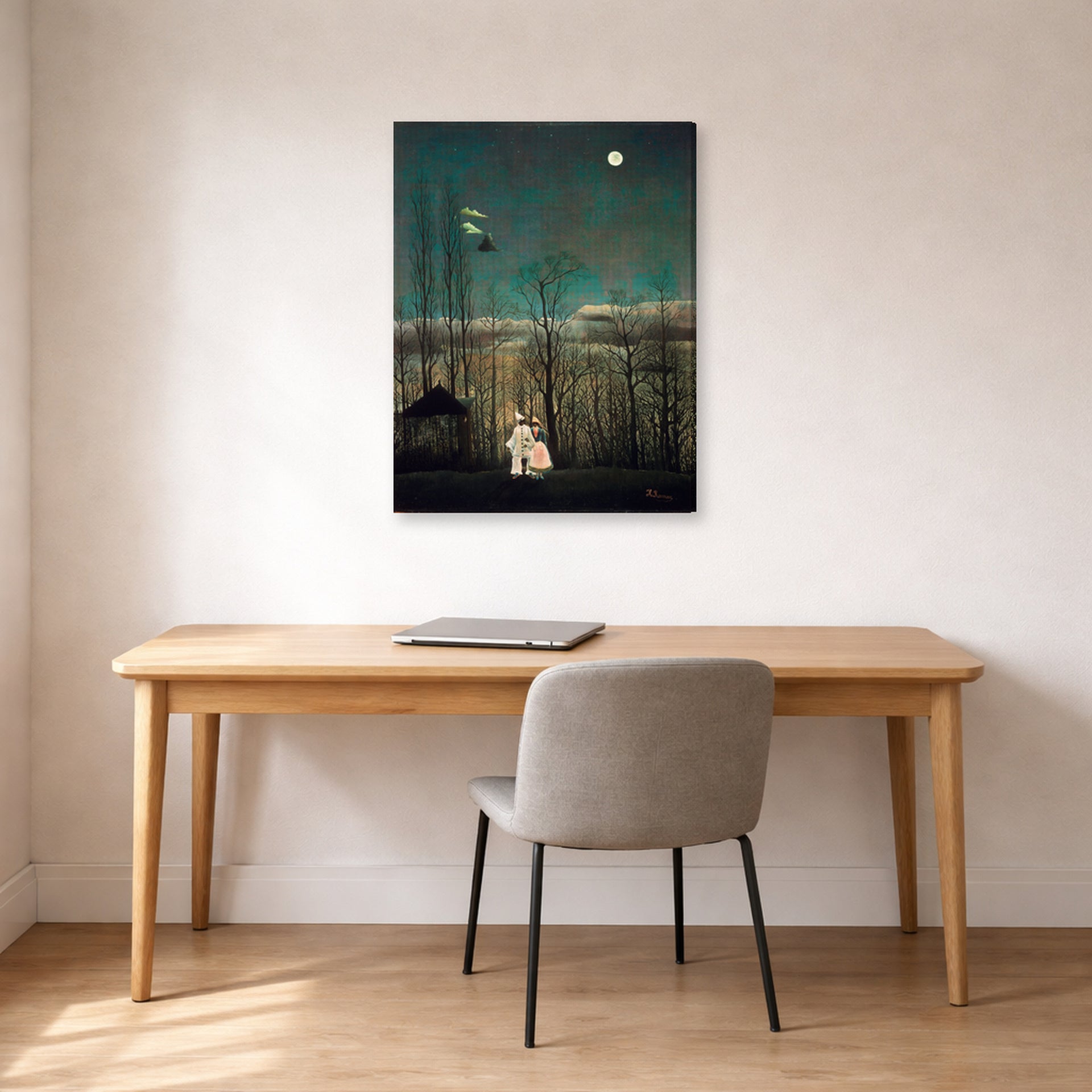 Gallery-wrapped canvas print of Henri Rousseau's French Carnival Evening displayed on a wall in a home office