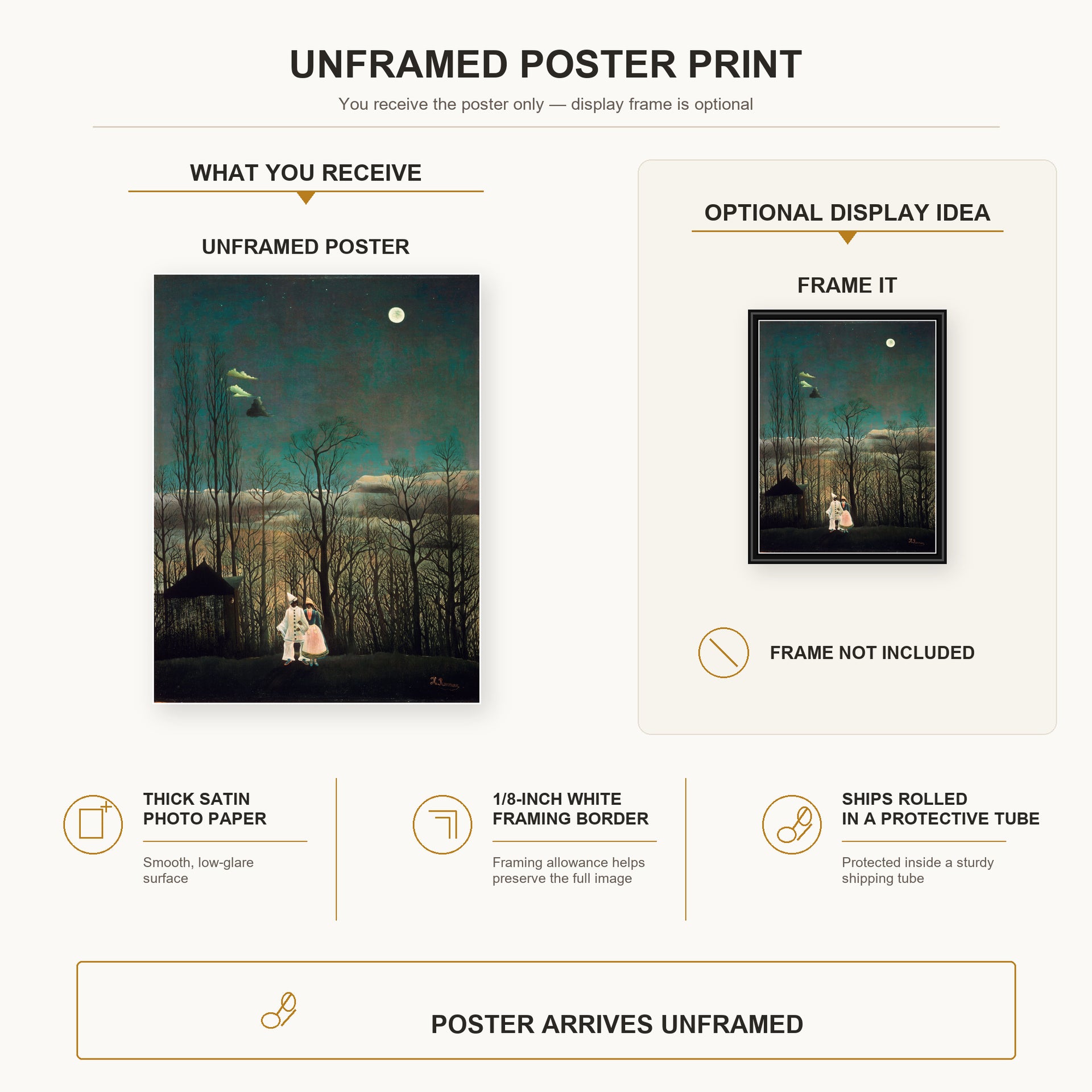 Henri Rousseau - French Carnival Evening poster print size comparison and framing display infographic
