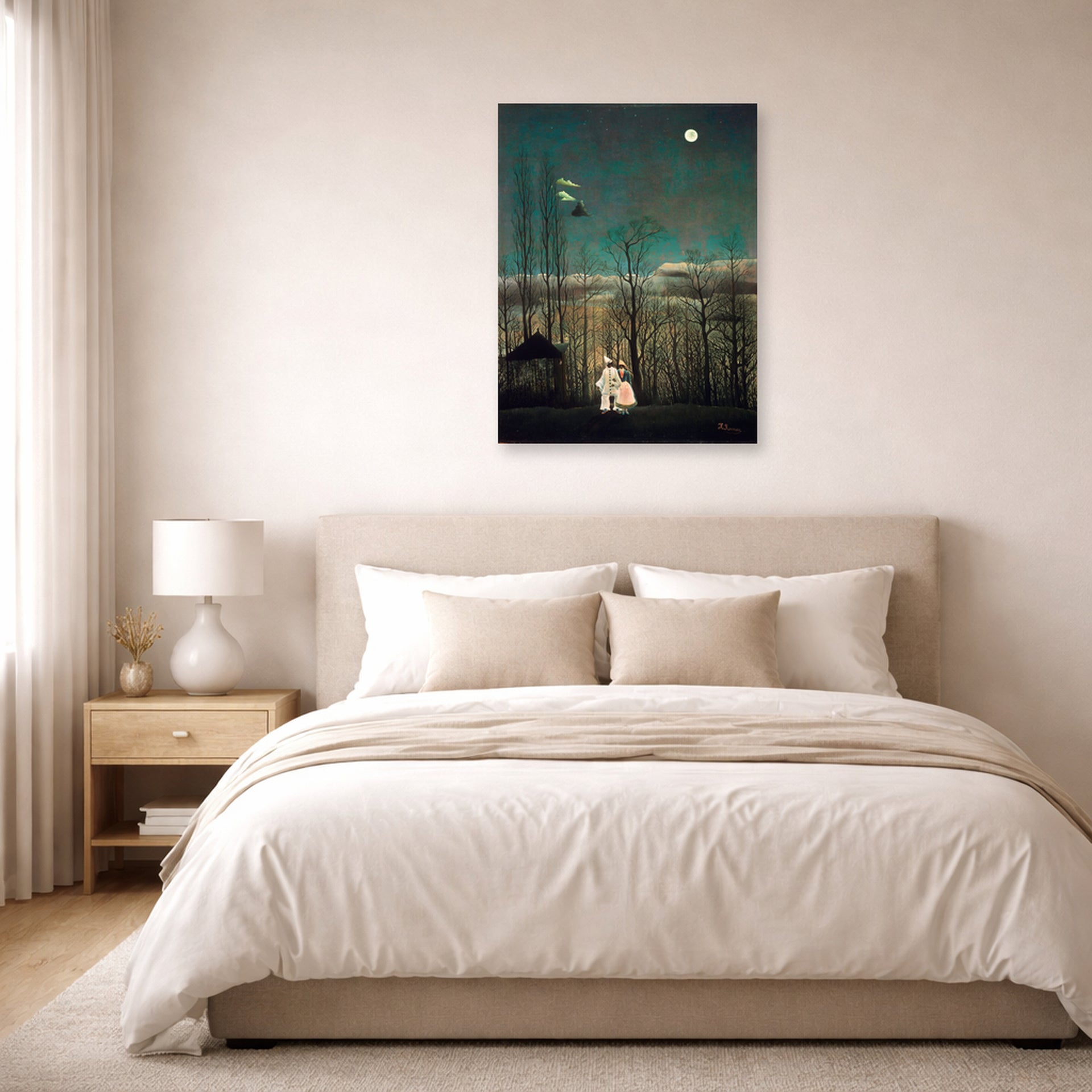 Unframed poster print of Henri Rousseau's French Carnival Evening displayed on a wall in a bedroom