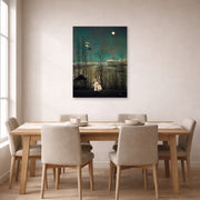 Unframed poster print of Henri Rousseau's French Carnival Evening displayed on a wall in a dining room
