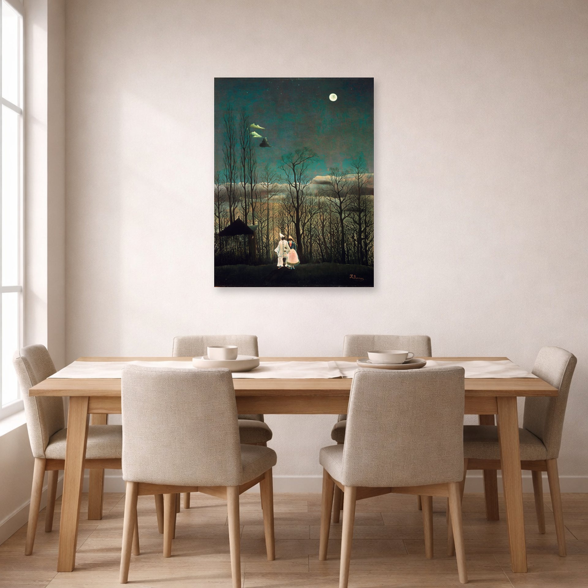 Unframed poster print of Henri Rousseau's French Carnival Evening displayed on a wall in a dining room