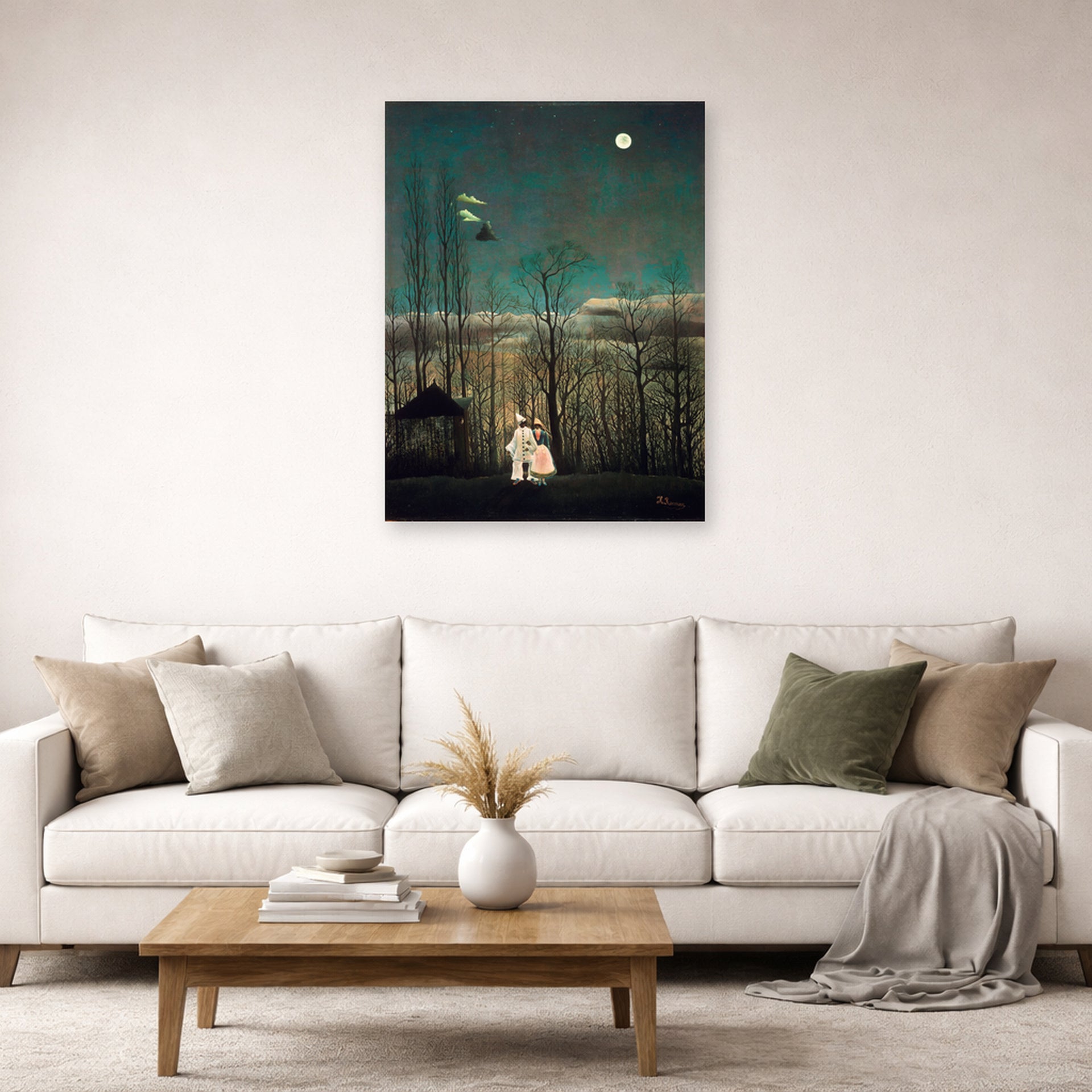 Unframed poster print of Henri Rousseau's French Carnival Evening displayed on a wall in a living room