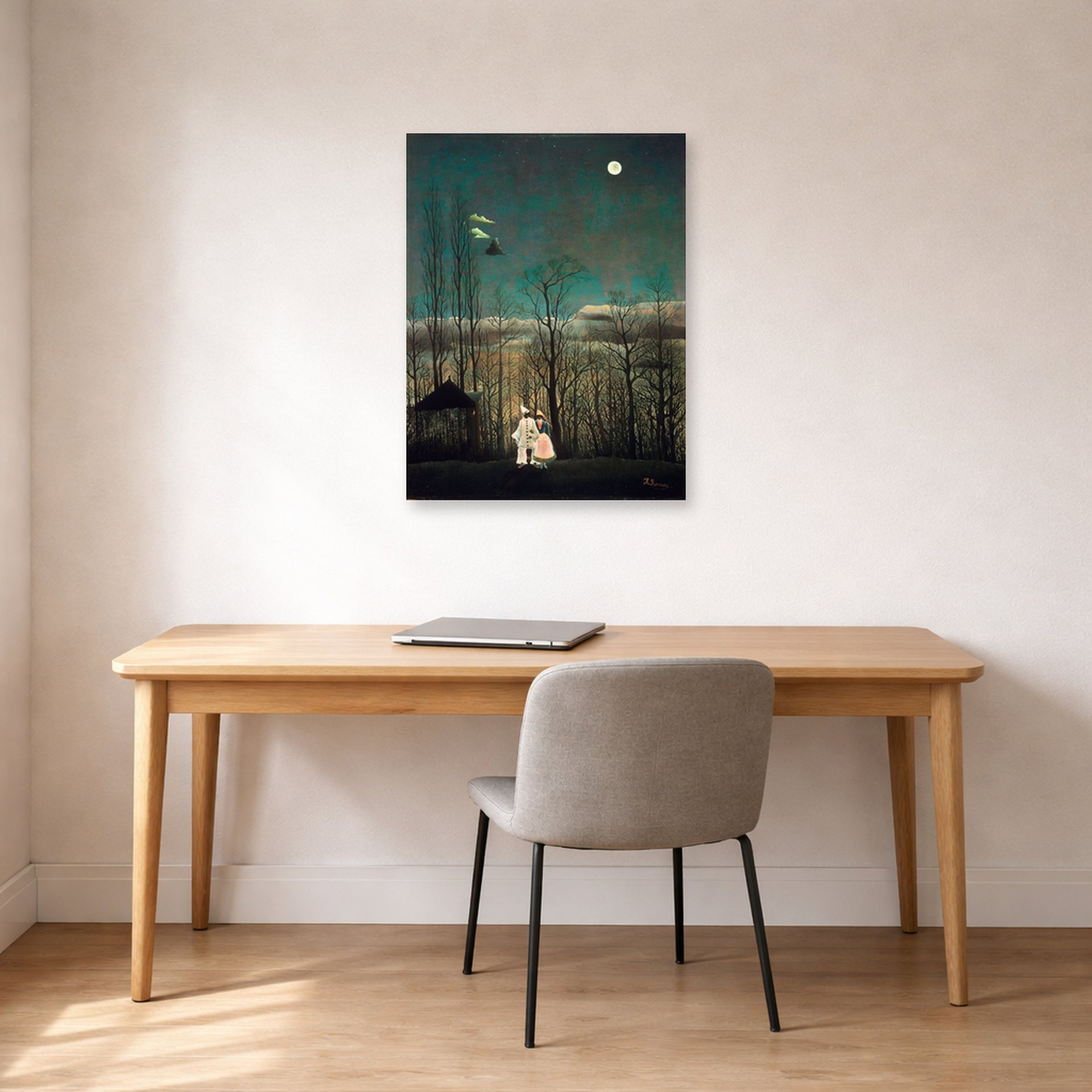 Unframed poster print of Henri Rousseau's French Carnival Evening displayed on a wall in a home office