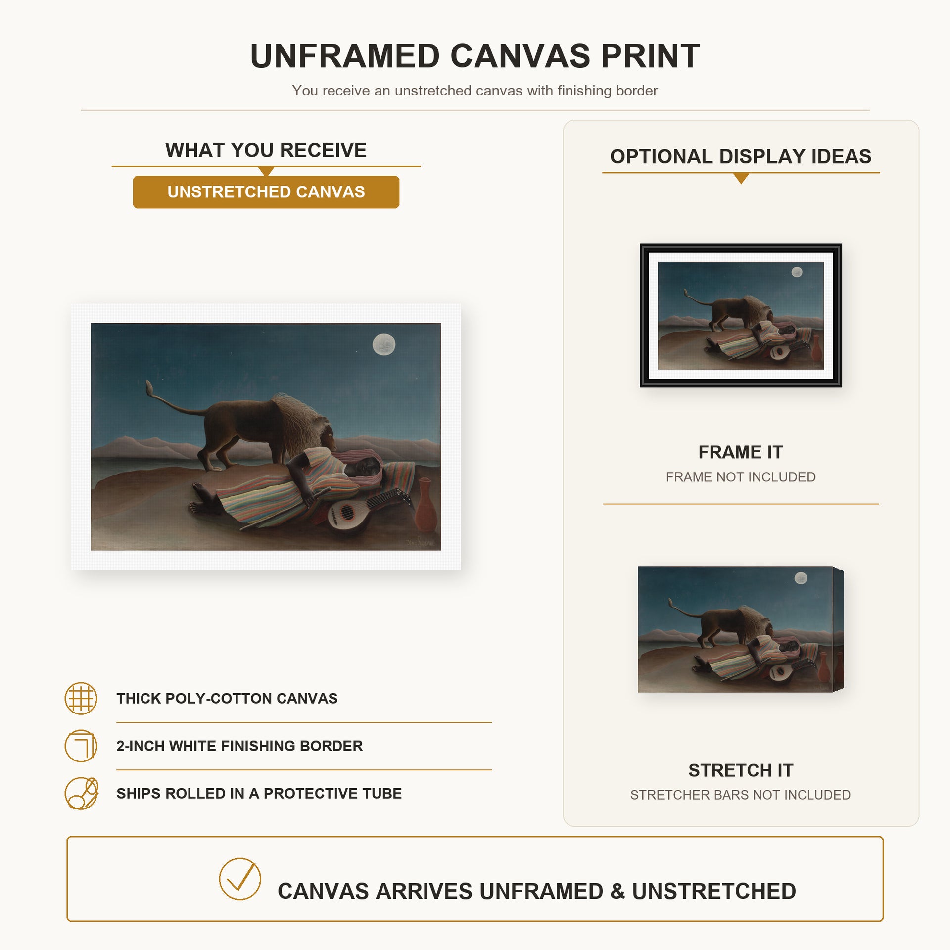 Henri Rousseau - La Bohémienne endormie, The Sleeping Gypsy canvas print size comparison and framing display infographic