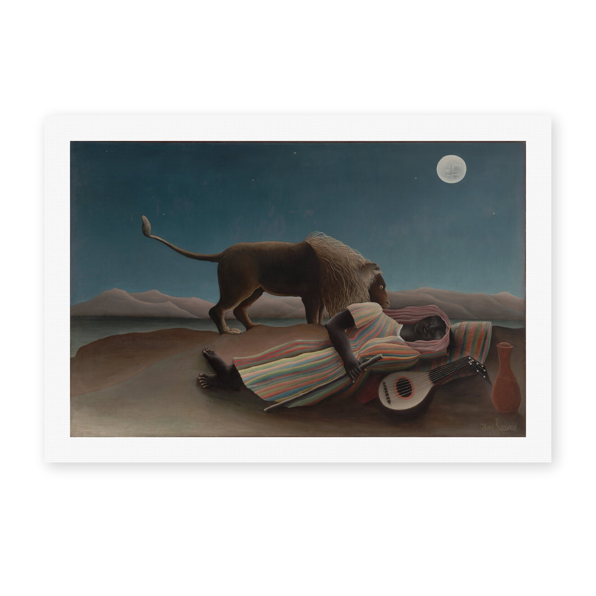Henri Rousseau's 'La Bohémienne endormie, The Sleeping Gypsy' painting reproduced as a rolled canvas print