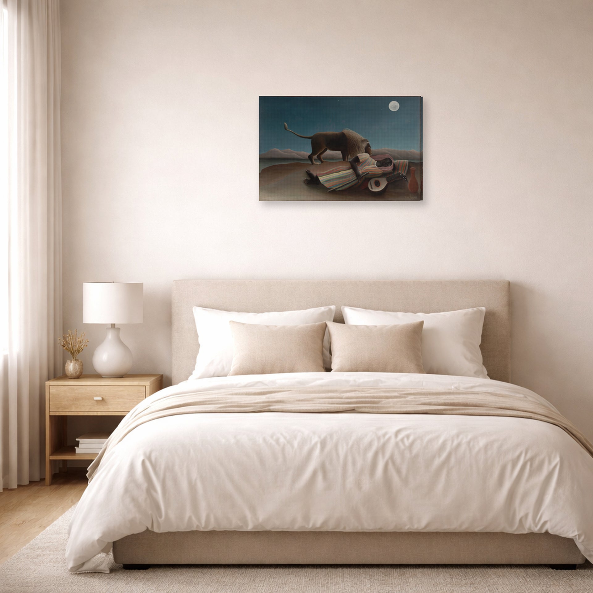 Gallery-wrapped canvas print of Henri Rousseau's La Bohémienne endormie, The Sleeping Gypsy displayed on a wall in a bedroom