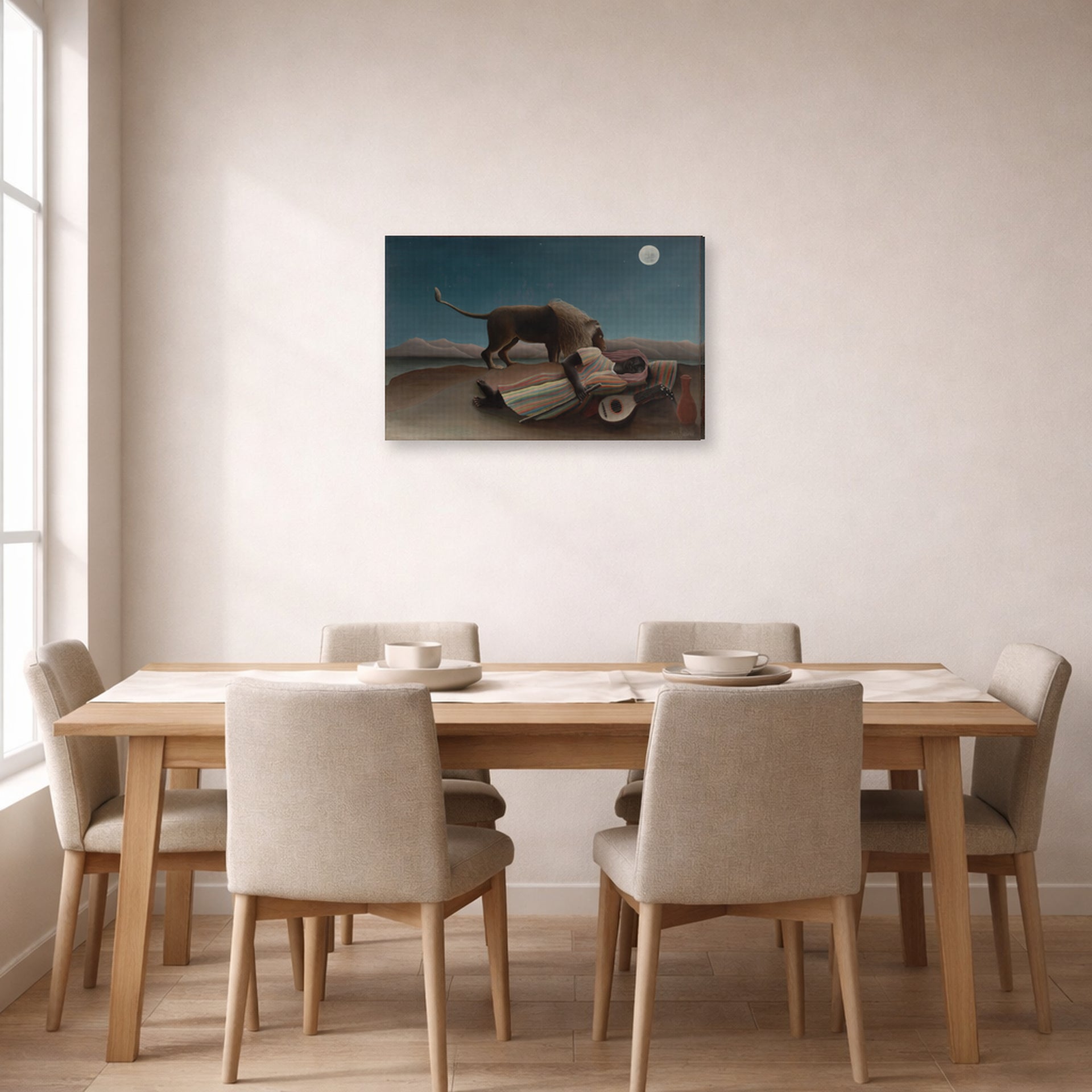 Gallery-wrapped canvas print of Henri Rousseau's La Bohémienne endormie, The Sleeping Gypsy displayed on a wall in a dining room