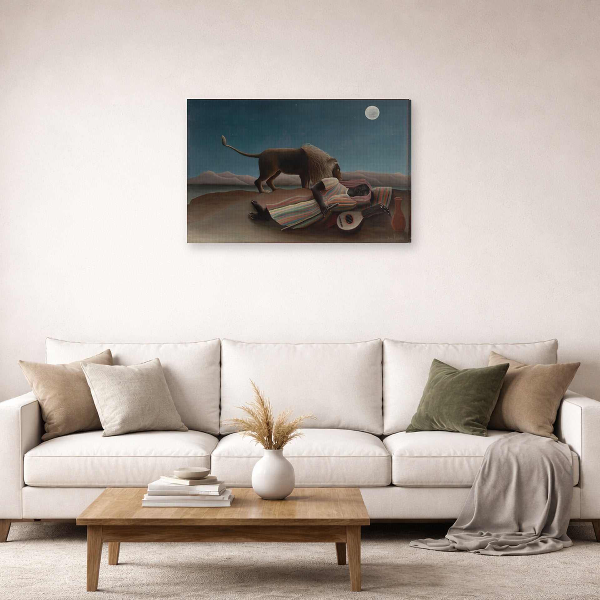 Gallery-wrapped canvas print of Henri Rousseau's La Bohémienne endormie, The Sleeping Gypsy displayed on a wall in a living room