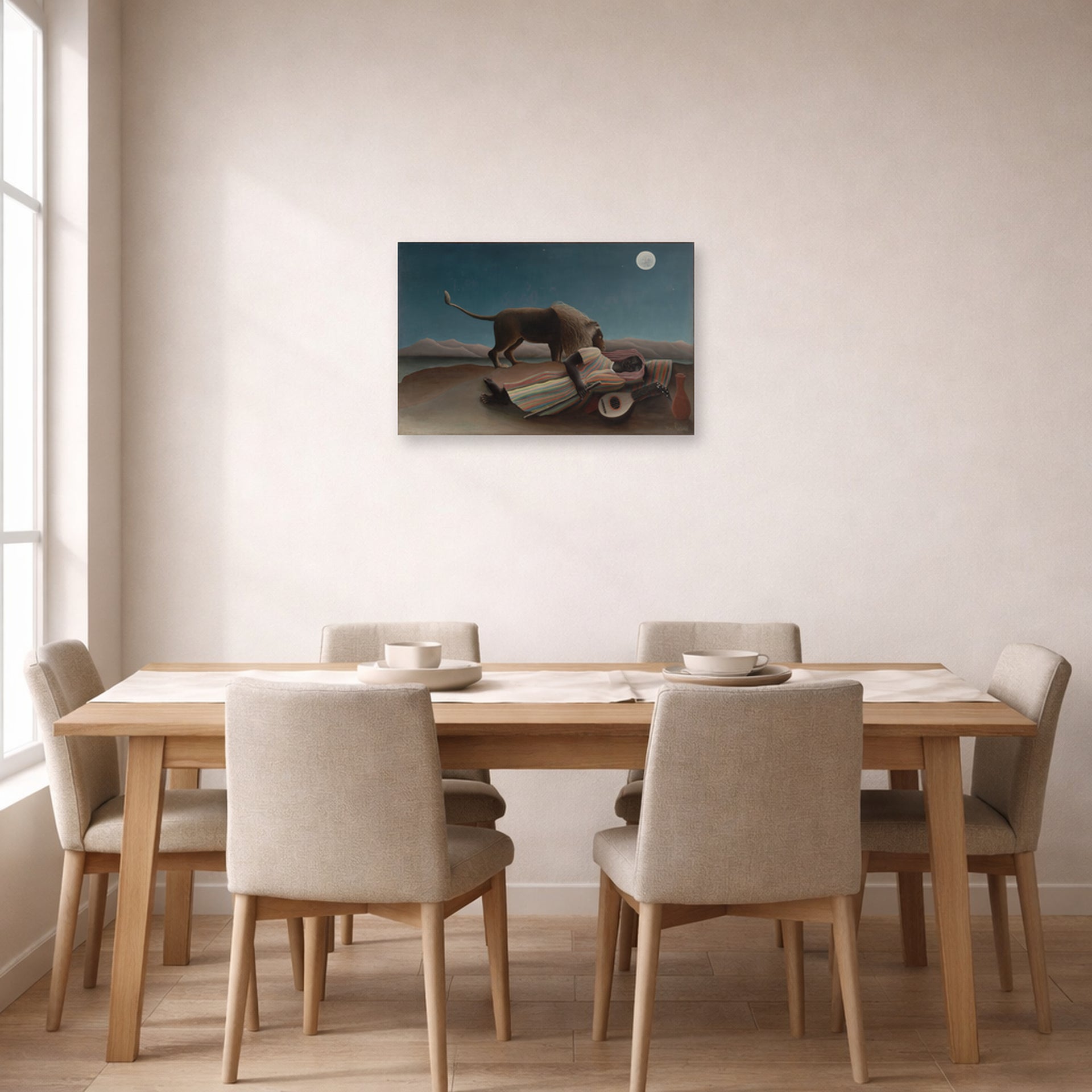 Unframed poster print of Henri Rousseau's La Bohémienne endormie, The Sleeping Gypsy displayed on a wall in a dining room