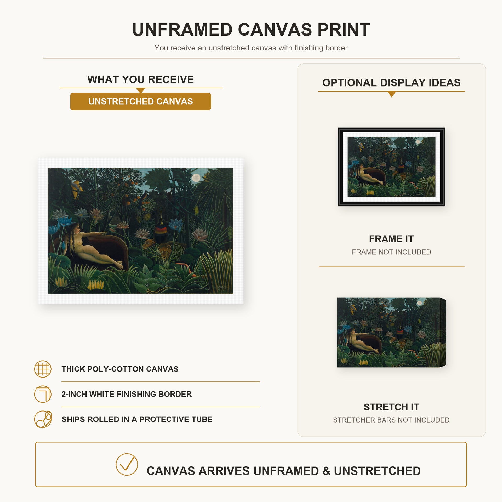 Henri Rousseau - Le Rêve, The Dream canvas print size comparison and framing display infographic