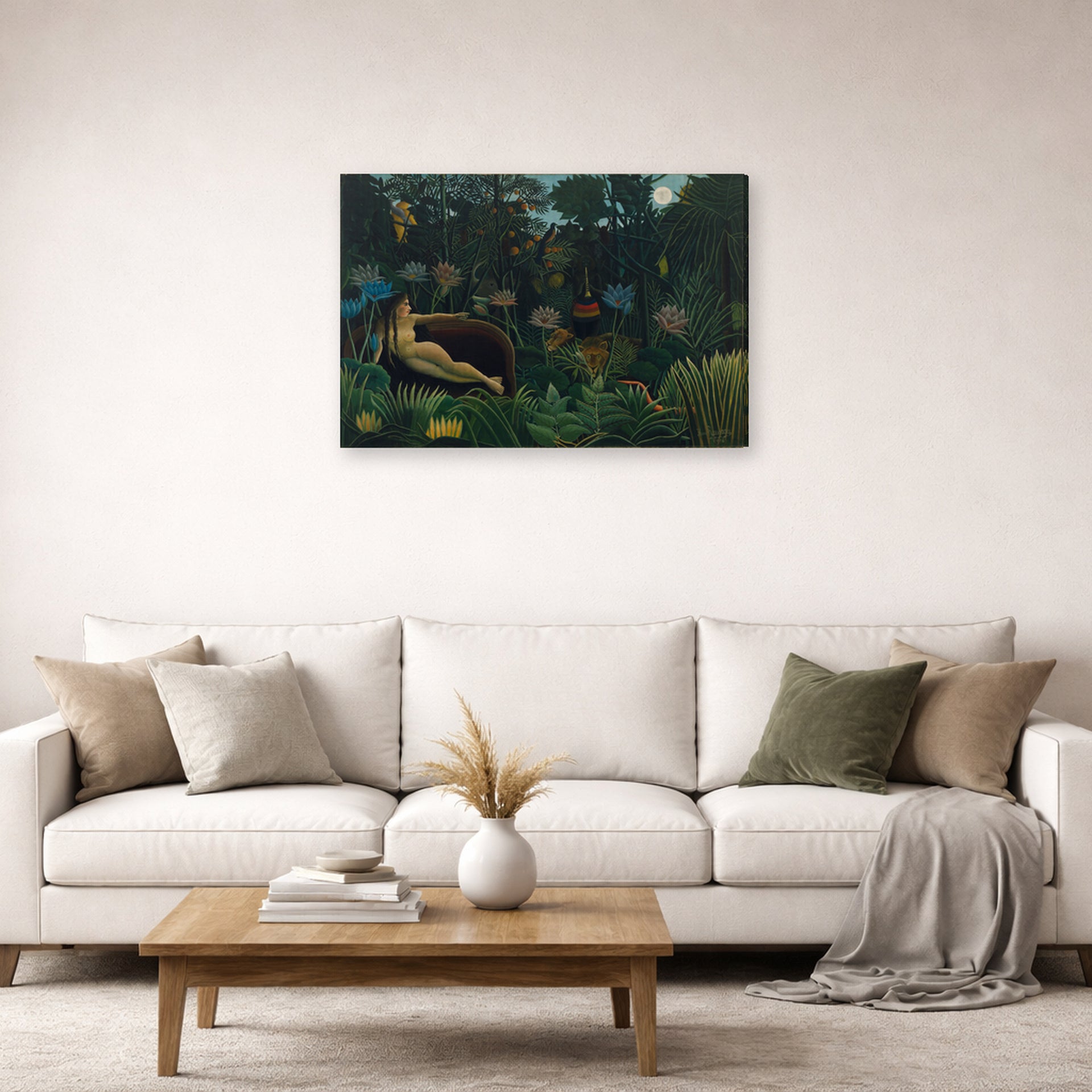 Gallery-wrapped canvas print of Henri Rousseau's Le Rêve, The Dream displayed on a wall in a living room