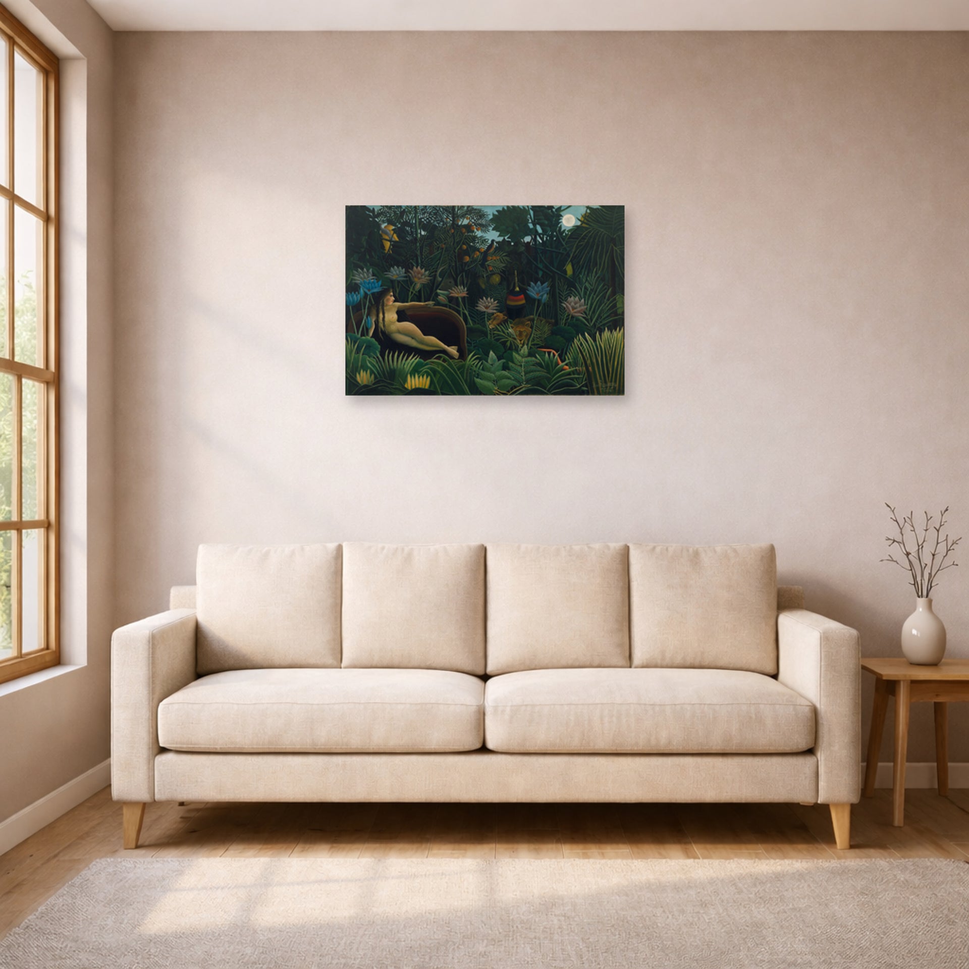 Unframed poster print of Henri Rousseau's Le Rêve, The Dream displayed on a wall in a living room