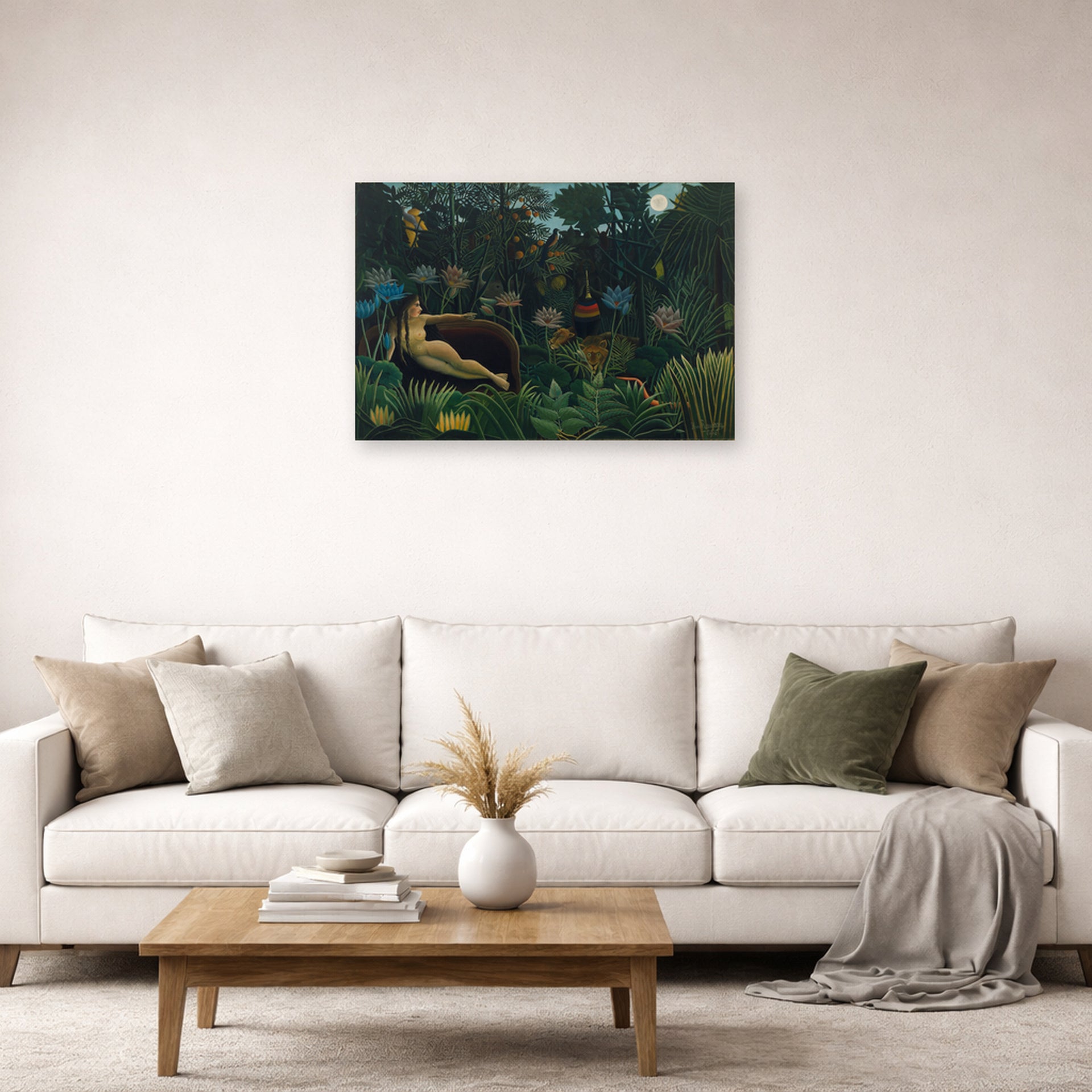 Unframed poster print of Henri Rousseau's Le Rêve, The Dream displayed on a wall in a living room