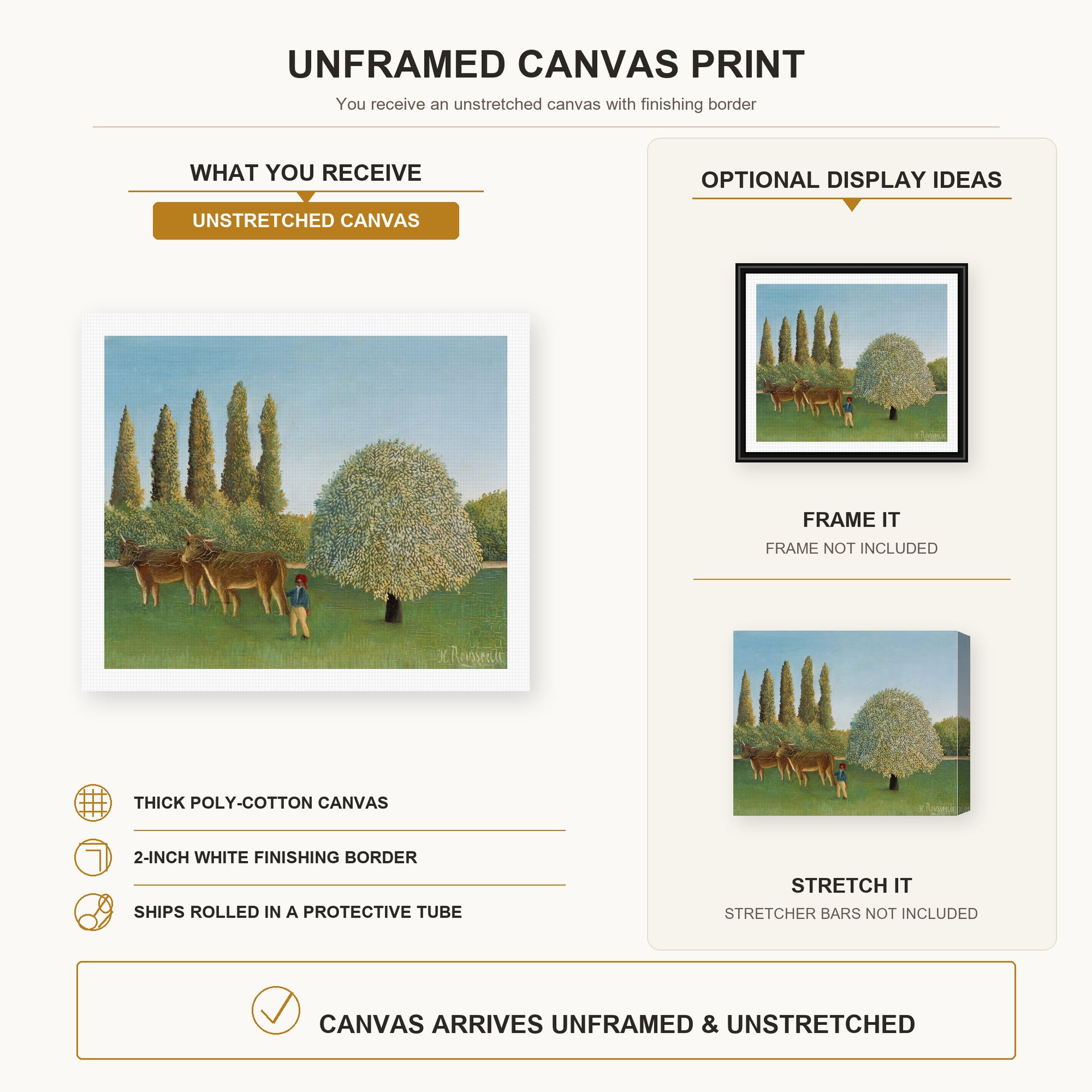 Henri Rousseau - Meadowland canvas print size comparison and framing display infographic