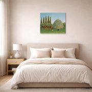 Gallery-wrapped canvas print of Henri Rousseau's Meadowland displayed on a wall in a bedroom