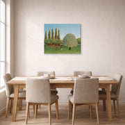 Gallery-wrapped canvas print of Henri Rousseau's Meadowland displayed on a wall in a dining room