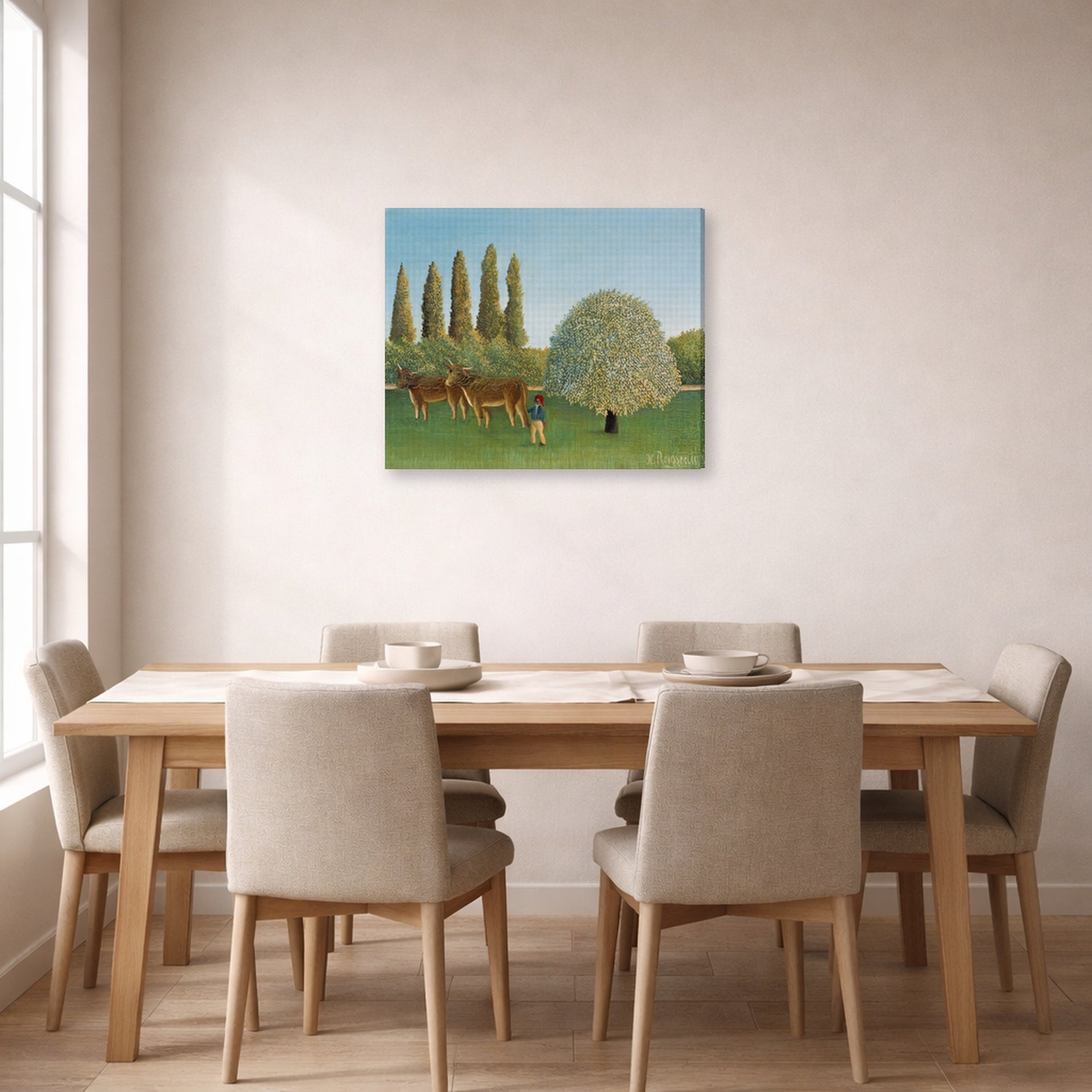 Gallery-wrapped canvas print of Henri Rousseau's Meadowland displayed on a wall in a dining room
