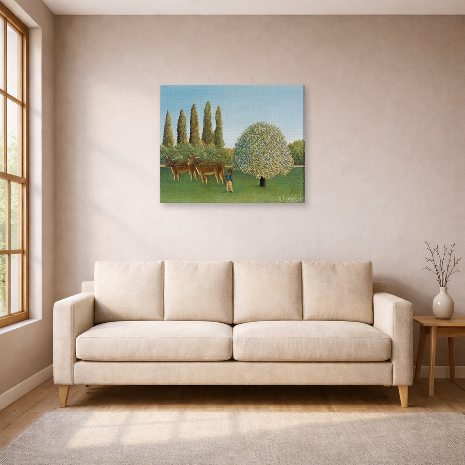 Gallery-wrapped canvas print of Henri Rousseau's Meadowland displayed on a wall in a living room