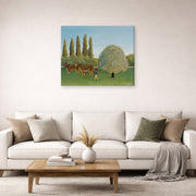 Gallery-wrapped canvas print of Henri Rousseau's Meadowland displayed on a wall in a living room