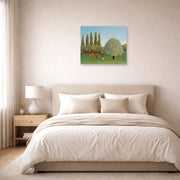 Unframed poster print of Henri Rousseau's Meadowland displayed on a wall in a bedroom