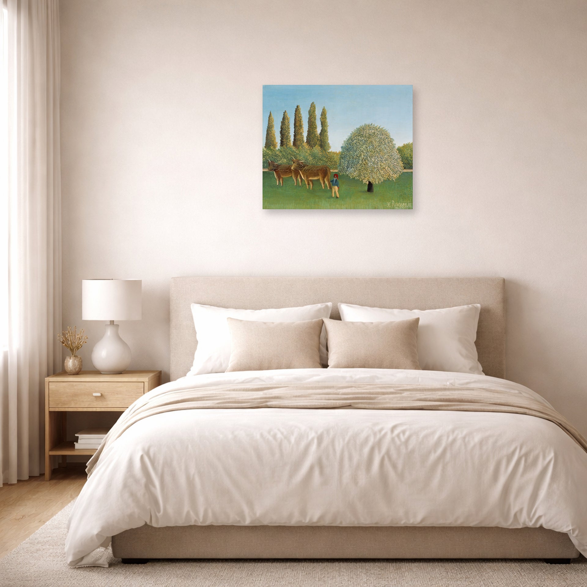 Unframed poster print of Henri Rousseau's Meadowland displayed on a wall in a bedroom