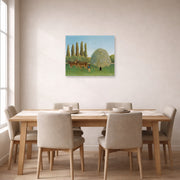 Unframed poster print of Henri Rousseau's Meadowland displayed on a wall in a dining room