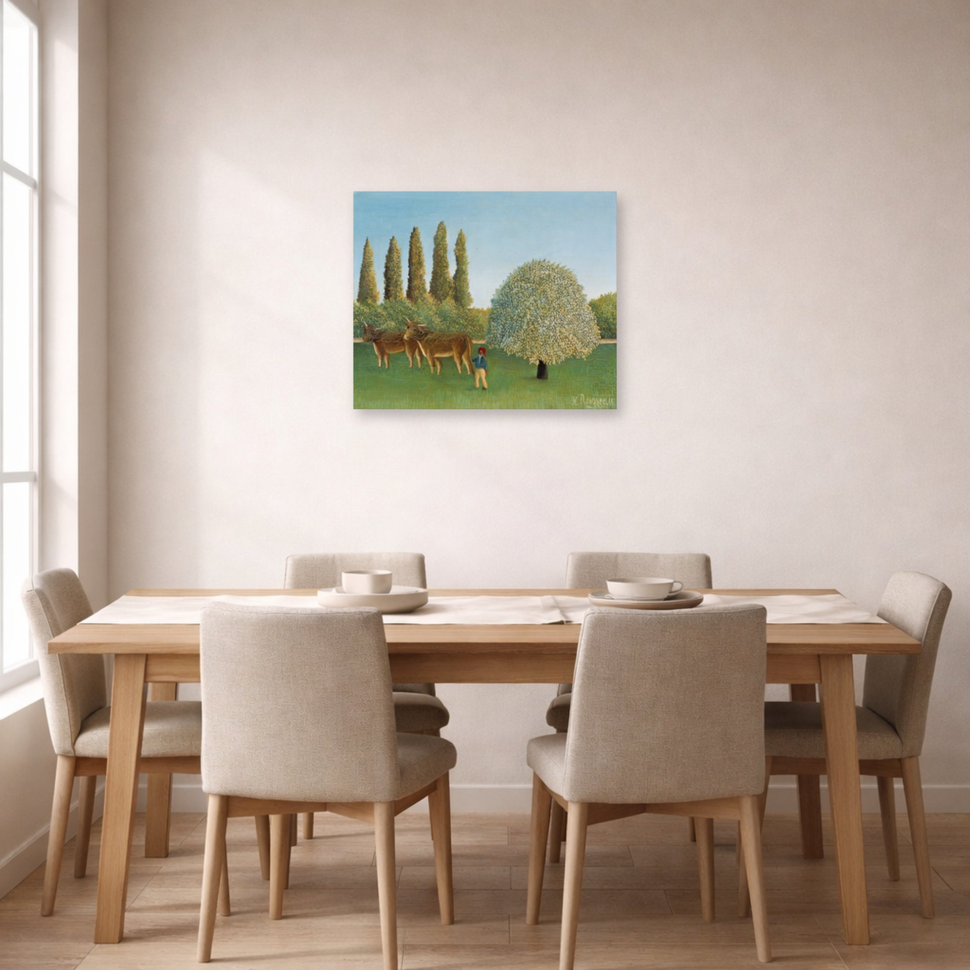 Unframed poster print of Henri Rousseau's Meadowland displayed on a wall in a dining room