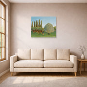 Unframed poster print of Henri Rousseau's Meadowland displayed on a wall in a living room