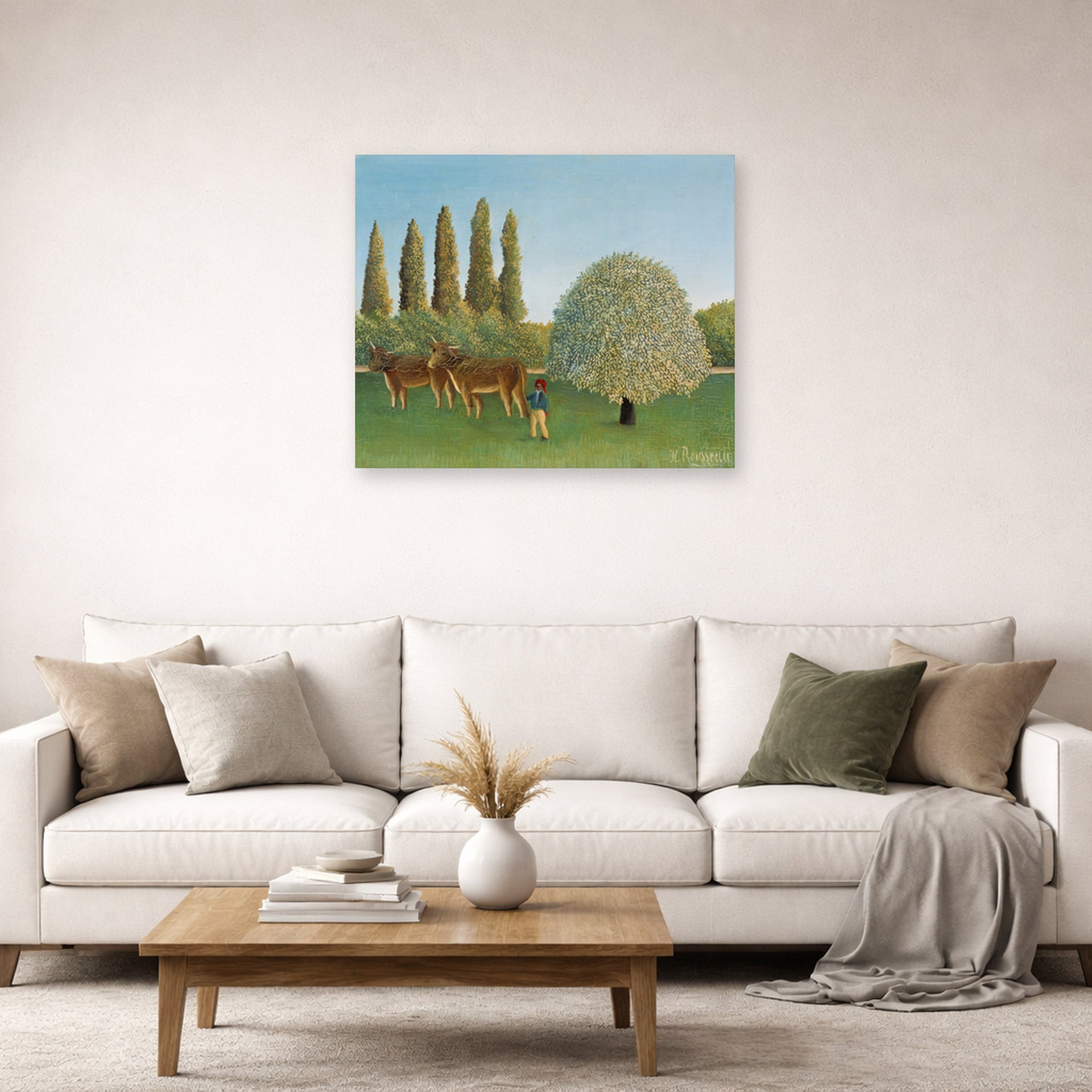 Unframed poster print of Henri Rousseau's Meadowland displayed on a wall in a living room