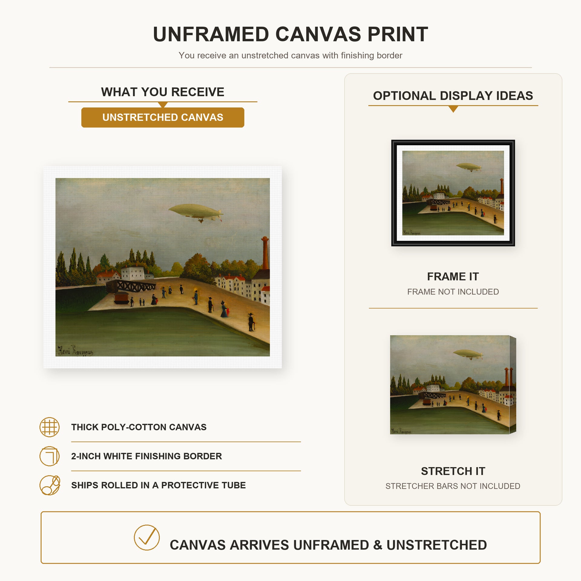 Henri Rousseau - Quai d'Ivry canvas print size comparison and framing display infographic