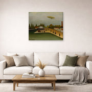 Gallery-wrapped canvas print of Henri Rousseau's Quai d'Ivry displayed on a wall in a living room