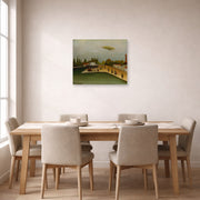 Unframed poster print of Henri Rousseau's Quai d'Ivry displayed on a wall in a dining room
