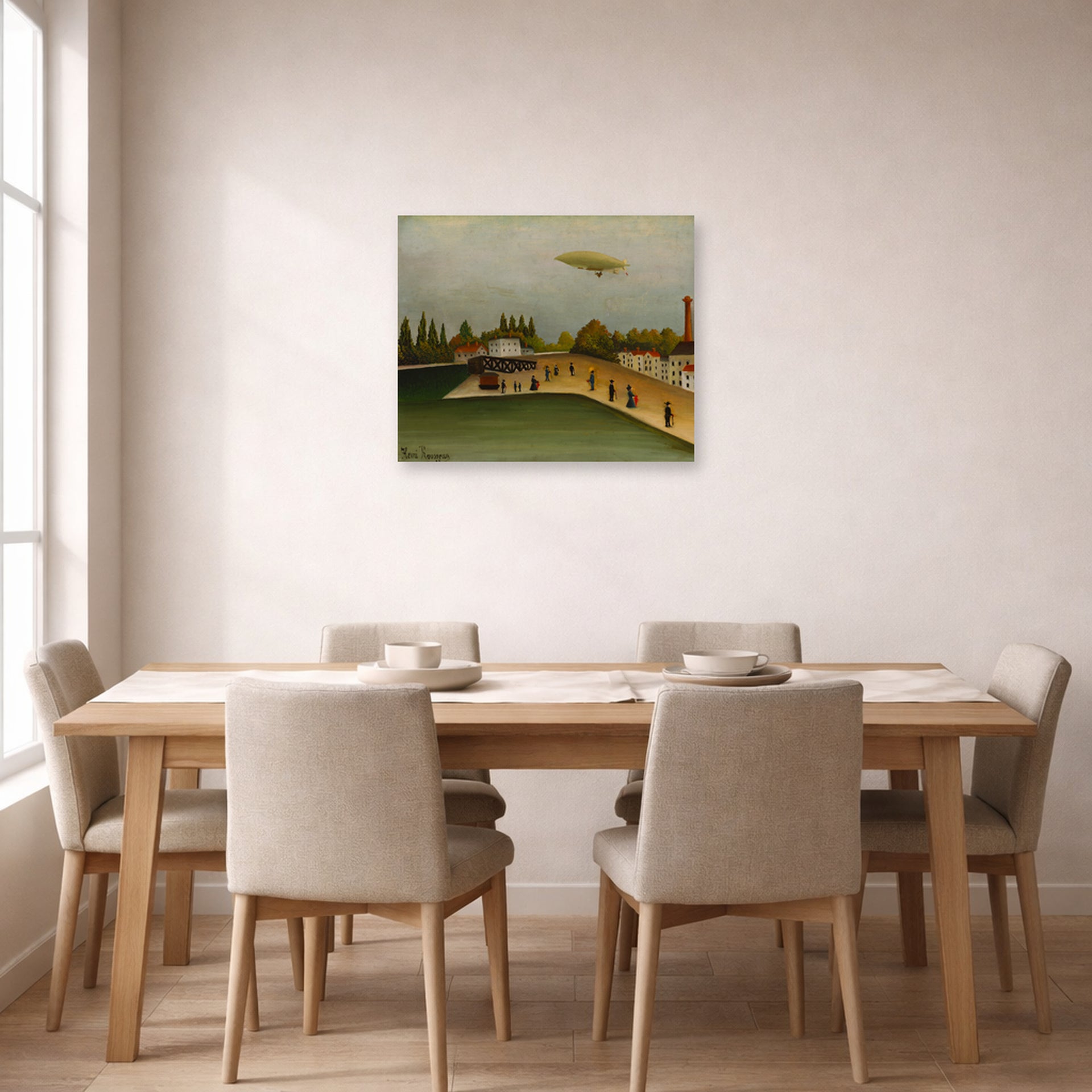 Unframed poster print of Henri Rousseau's Quai d'Ivry displayed on a wall in a dining room