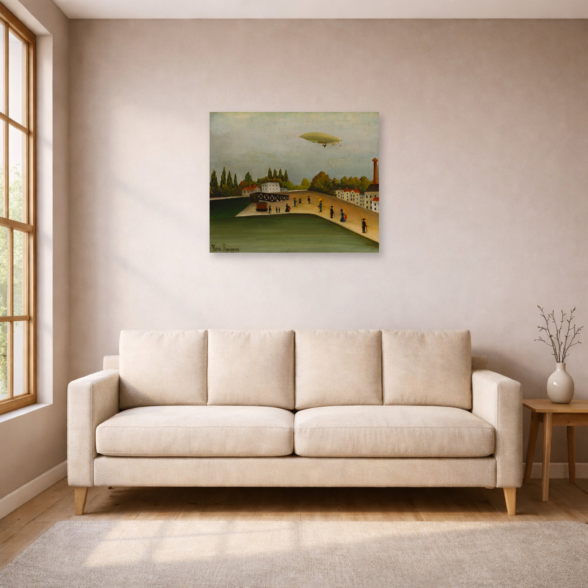Unframed poster print of Henri Rousseau's Quai d'Ivry displayed on a wall in a living room