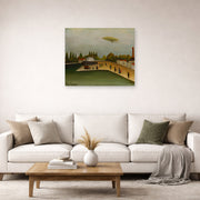 Unframed poster print of Henri Rousseau's Quai d'Ivry displayed on a wall in a living room