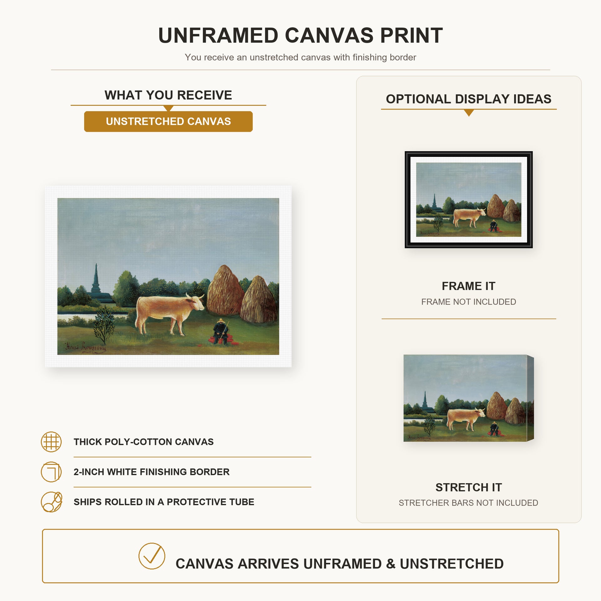 Henri Rousseau - Scene in Bagneux on the Outskirts of Paris canvas print size comparison and framing display infographic