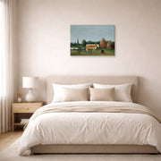 Gallery-wrapped canvas print of Henri Rousseau's Scene in Bagneux on the Outskirts of Paris displayed on a wall in a bedroom