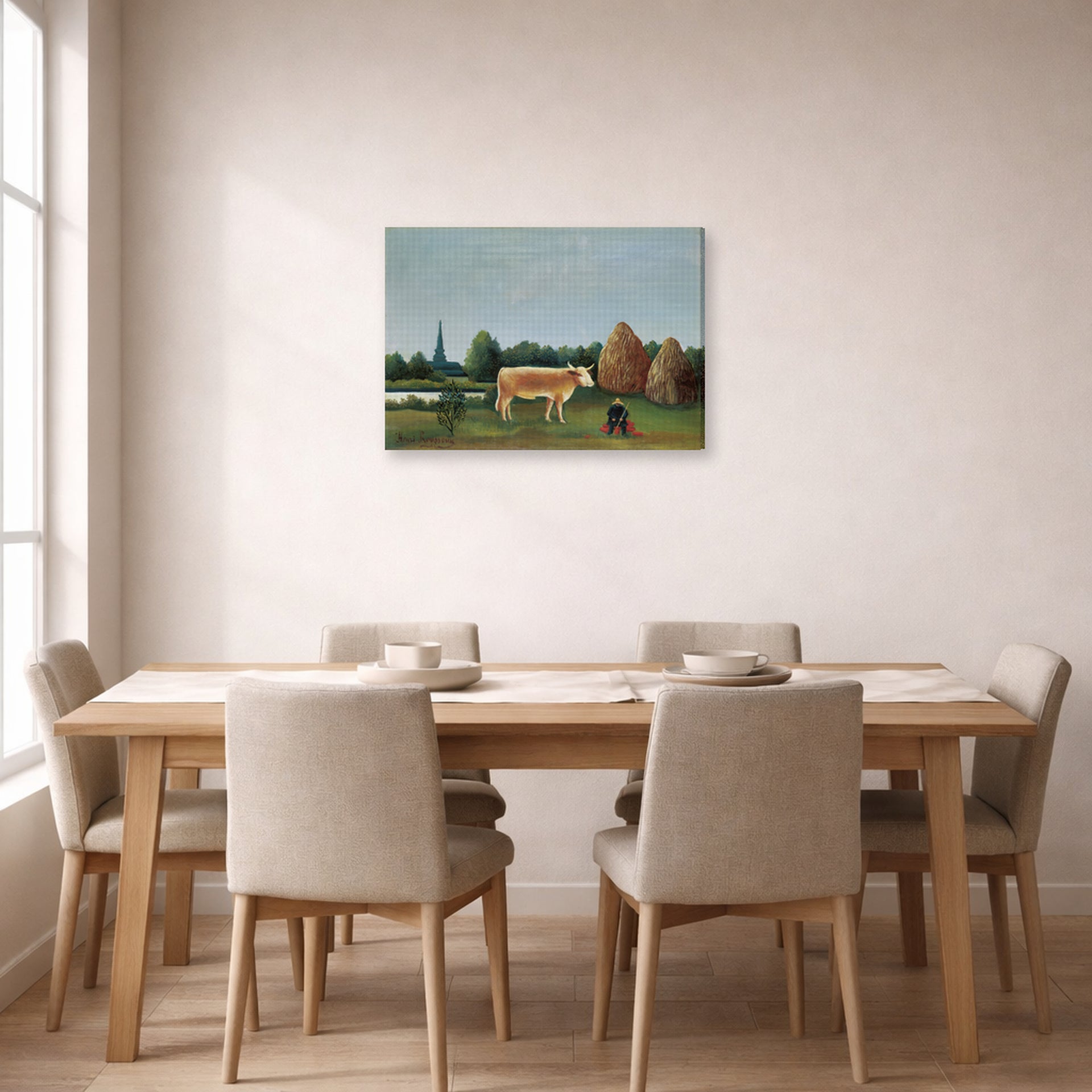 Gallery-wrapped canvas print of Henri Rousseau's Scene in Bagneux on the Outskirts of Paris displayed on a wall in a dining room